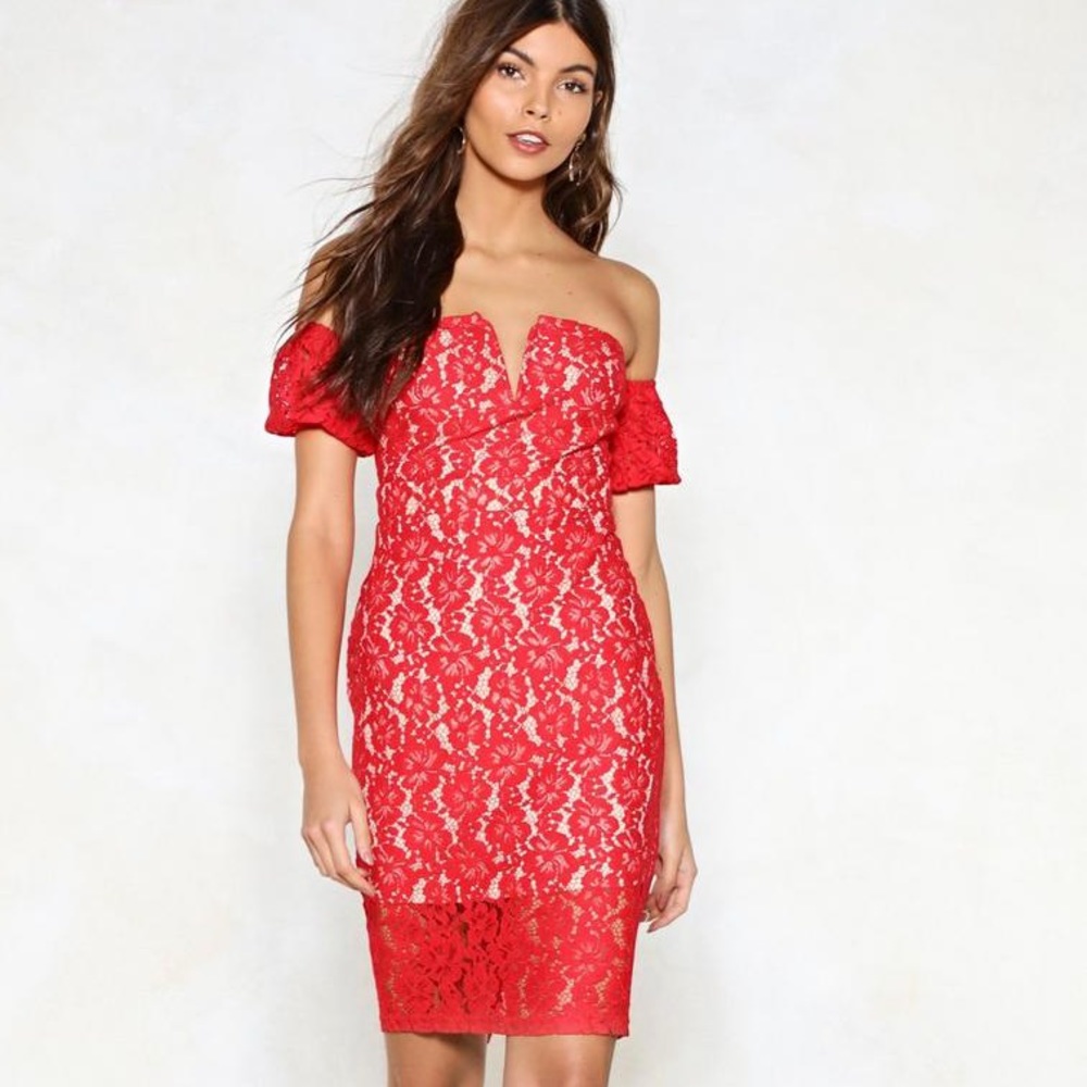 Red Off the Shoulder Lace Dress
